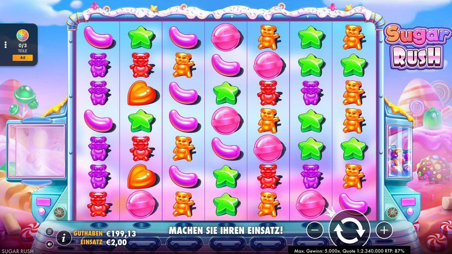 Spielfeld von Sugar Rush mit 7x7 Feldern und der RTP-Anzeige am unteren Rand